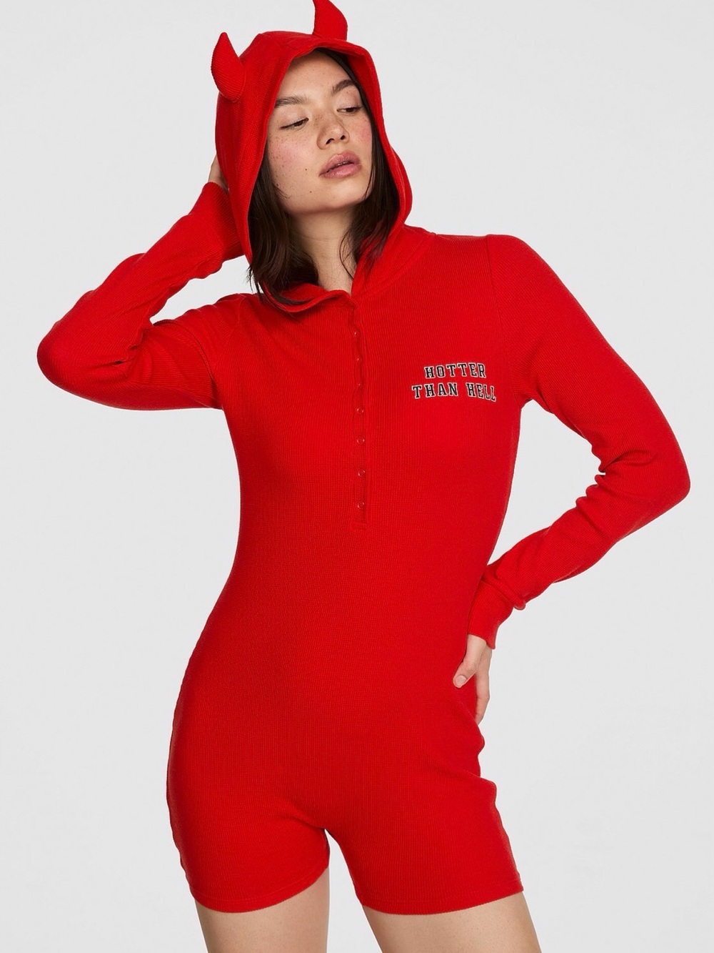 PINK Victoria's Secret Red Hooded Henley Romper with Horns